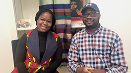 Womand and man researchers at podcast interview