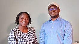 Womand and man researchers at podcast interview